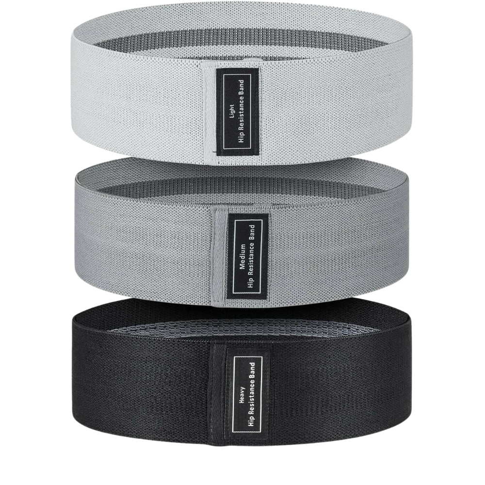Fashions Envy set of three fabric Hip Booty Bands in light gray medium gray and black for glute exercises