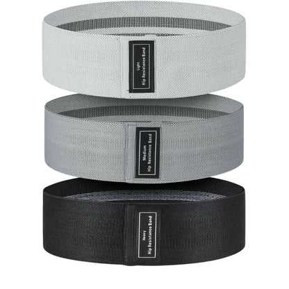 Fashions Envy set of three fabric Hip Booty Bands in light gray medium gray and black for glute exercises