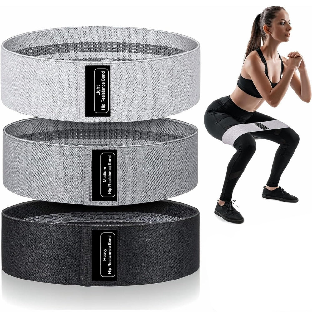 Fashions Envy Hip Booty Bands set of three fabric resistance loops with model squatting for glute workouts