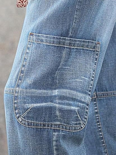 Trendsi Light Wash Joggers close up of faded denim side patch pocket with whiskering and contrast stitching