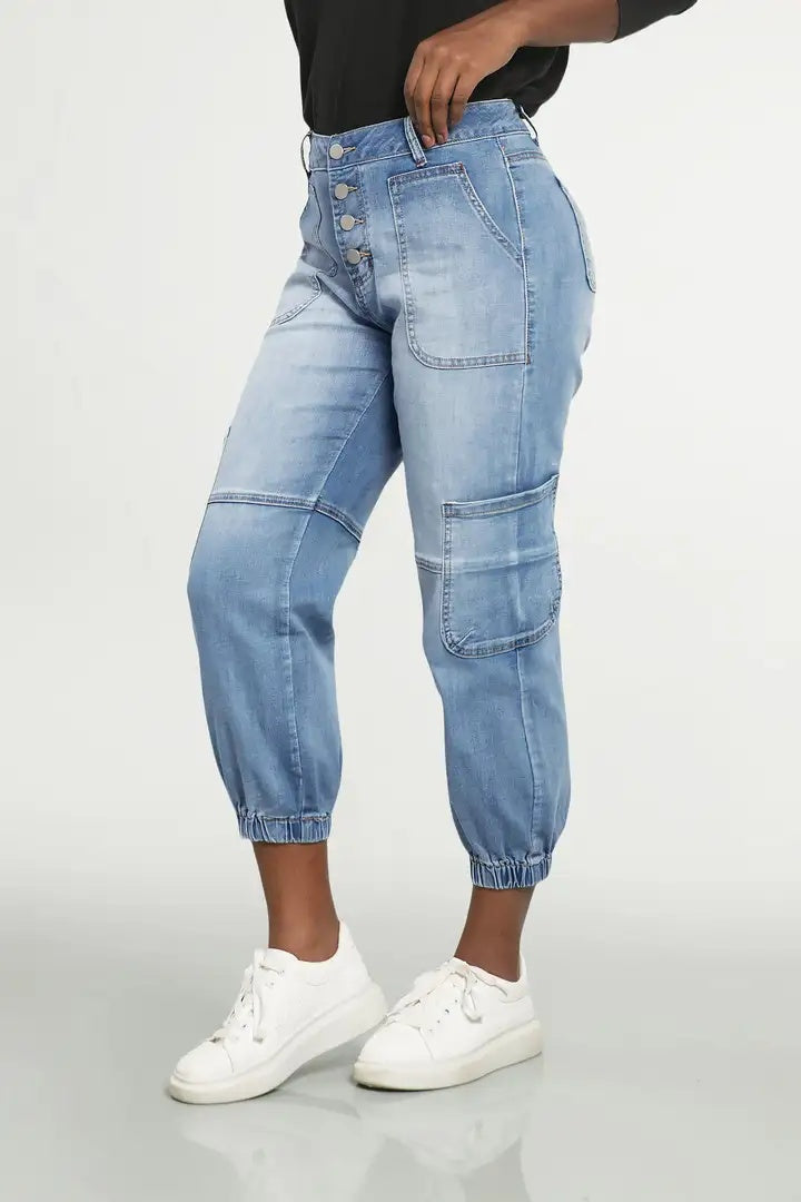 Trendsi Light Wash Joggers high waist button fly denim jogger pants with patch pockets and elastic cuffs
