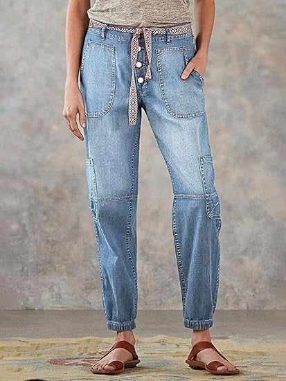 Trendsi Light Wash Joggers with patterned drawstring belt patch pockets elastic cuffs and relaxed fit