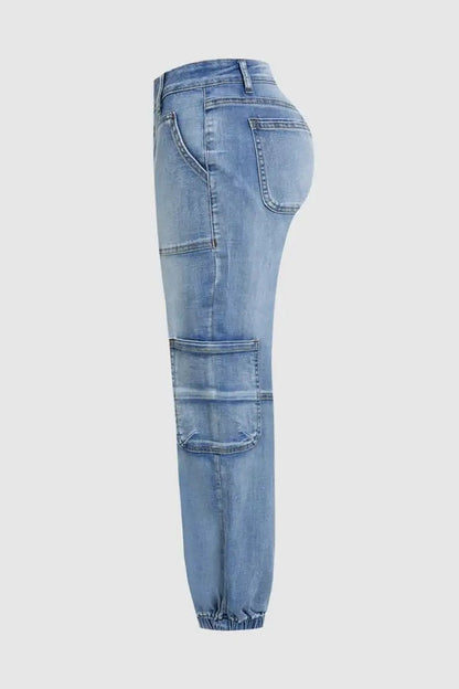 Trendsi Light Wash Joggers side view showing denim joggers with cargo patch pockets and elastic ankle cuffs