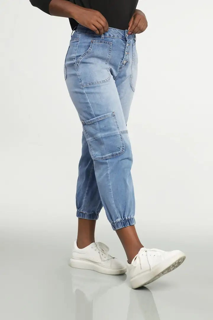 Trendsi Light Wash Joggers denim cargo style with elastic cuffs and utility pockets for casual wear