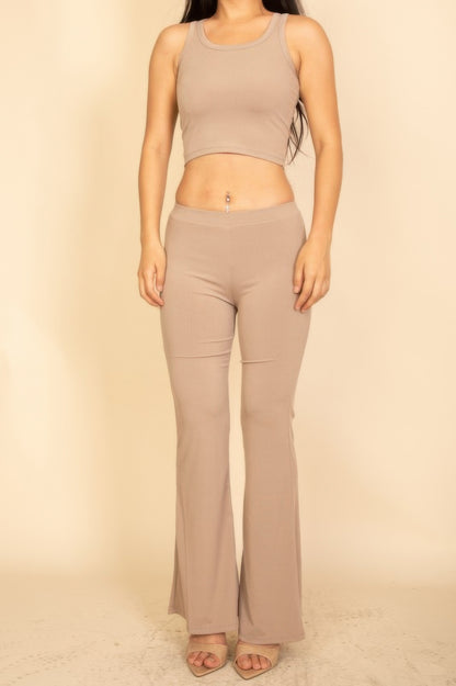 CCWHOLESALECLOTHING Flared Pants Set in Beige with a Cropped Tank Top and Fitted Pants