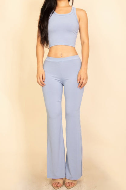 Light blue Flared Pants Set featuring a crop top and high-waisted flared pants for a stylish look
