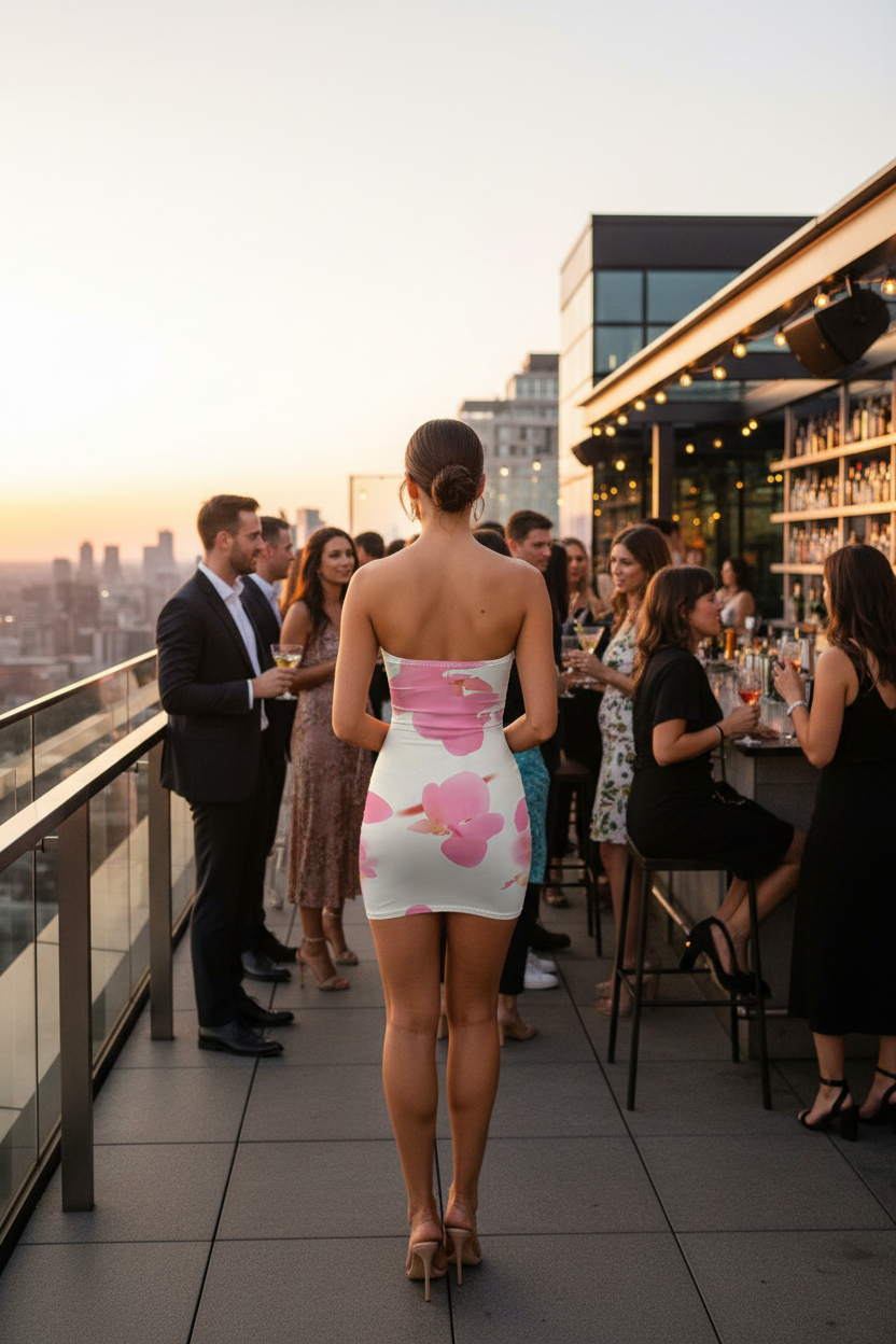 Floral Bodycon Mini Dress — Rooftop Bar Back Shot