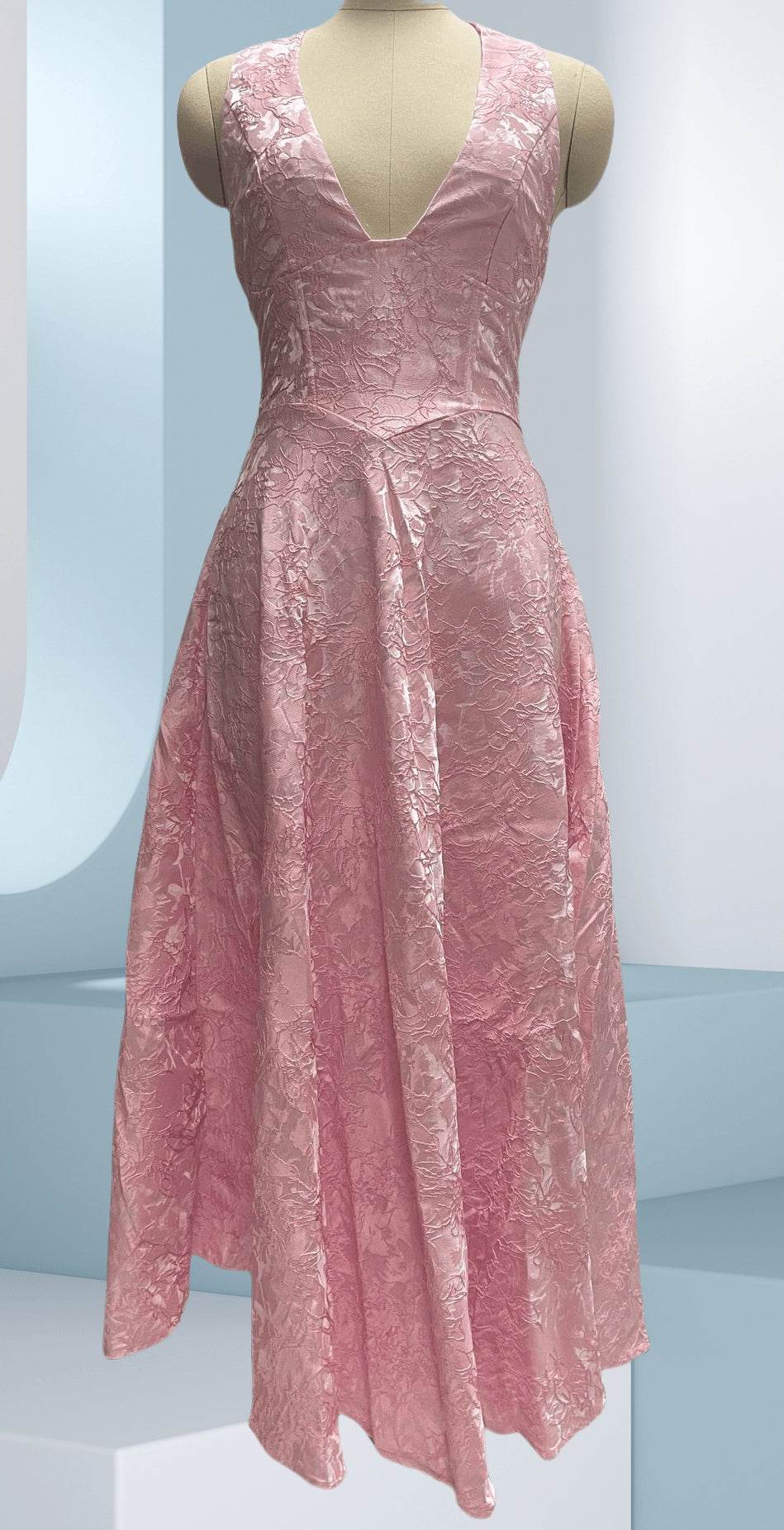 Trendsi Floral Jacquard Wedding Dress in Pink with a V-neckline and A-line silhouette
