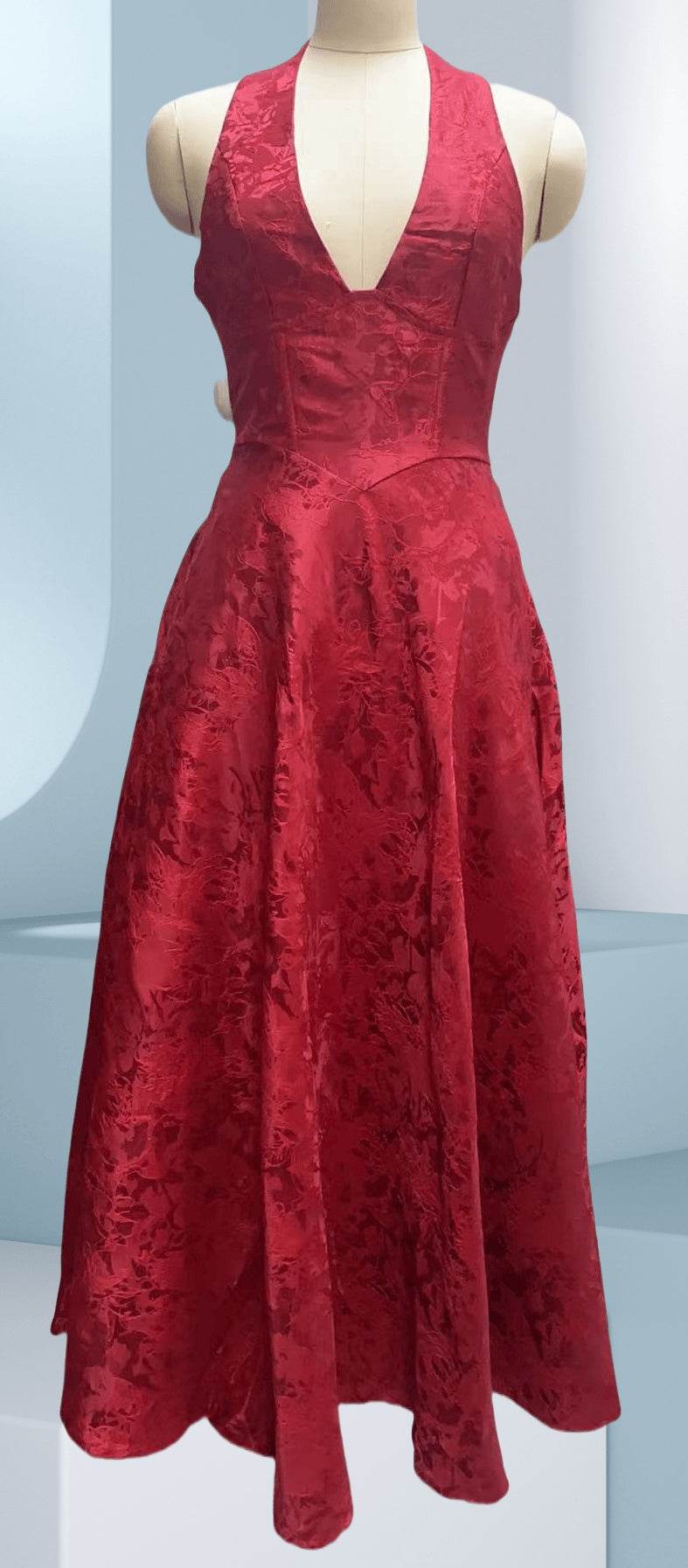 Elegant Floral Jacquard Wedding Dress in Rich Red with a Halter Neck and Flowing Skirt