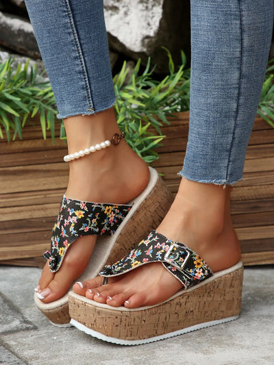 Trendsi Floral Wedge Mid Heel sandals with black floral print and cork platform sole