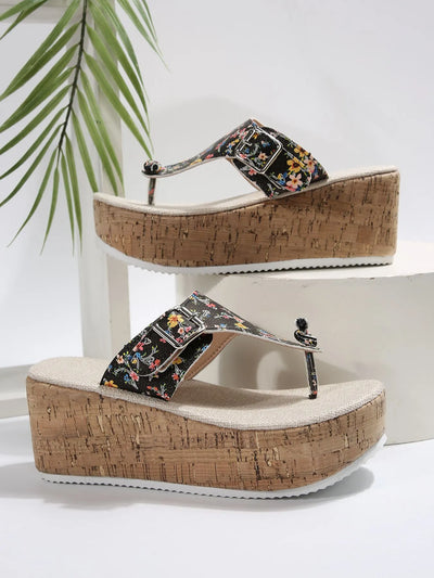 Trendsi Floral Wedge Mid Heel sandals with cork platform and black floral straps