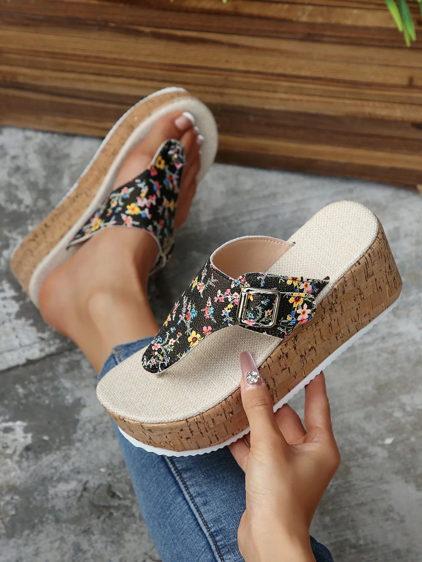 Trendsi Floral Wedge Mid Heel sandals with cork sole and floral strap with buckle detail