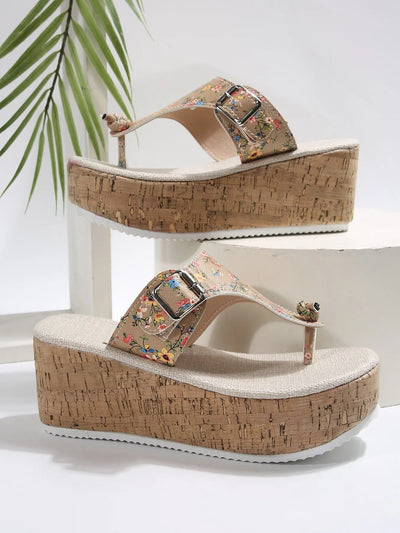 Trendsi Floral Wedge Mid Heel sandals with cork platform and floral print straps featuring buckle detail