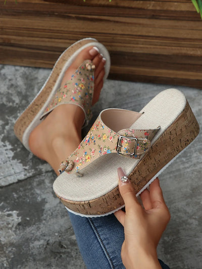 Trendsi Floral Wedge Mid Heel sandals with cork platform and floral strap design