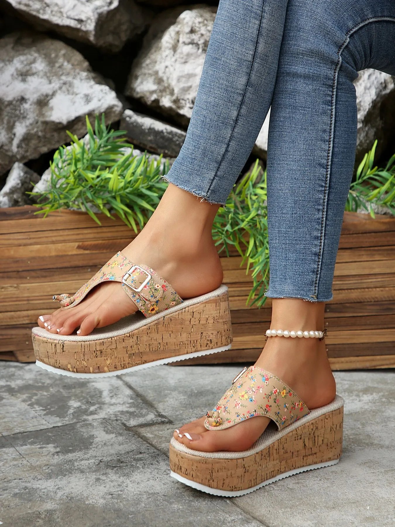 Trendsi Floral Wedge Mid Heel sandals with cork platform worn with jeans outdoors