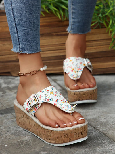 Trendsi Floral Wedge Mid Heel sandals with cork sole and adjustable buckle straps