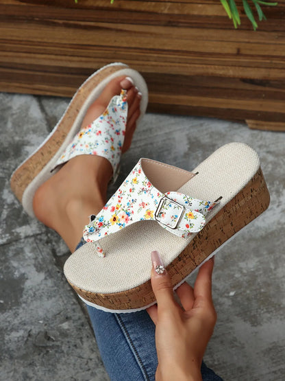 Trendsi Floral Wedge Mid Heel sandals with cork platform and colorful floral pattern