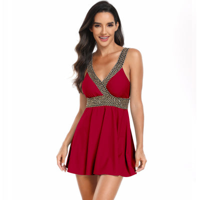 Trendsi full coverage summer swimwear in red with decorative straps and flowy skirt design
