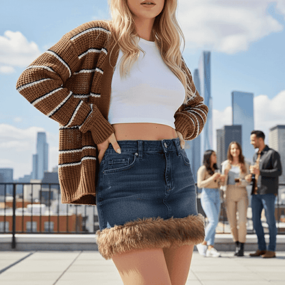 Faux Fur Trim Denim Skirt - Retro High-Waisted Mini - Fashions Envy