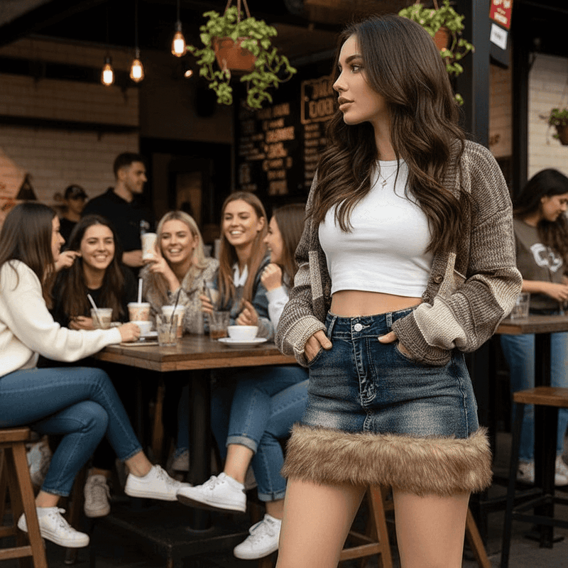 Faux Fur Trim Denim Skirt - Retro High-Waisted Mini - Fashions Envy
