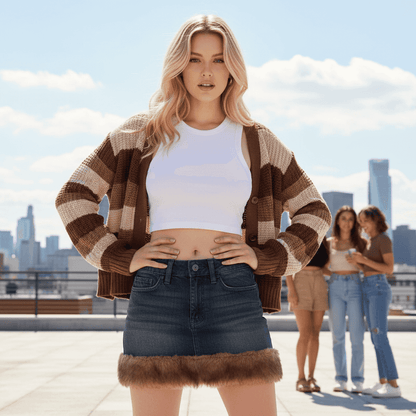 Faux Fur Trim Denim Skirt - Retro High-Waisted Mini - Fashions Envy
