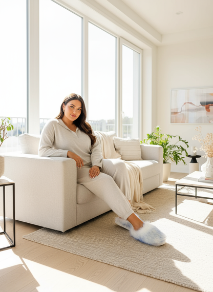 Fuzzy round toe slippers cozy living room lifestyle