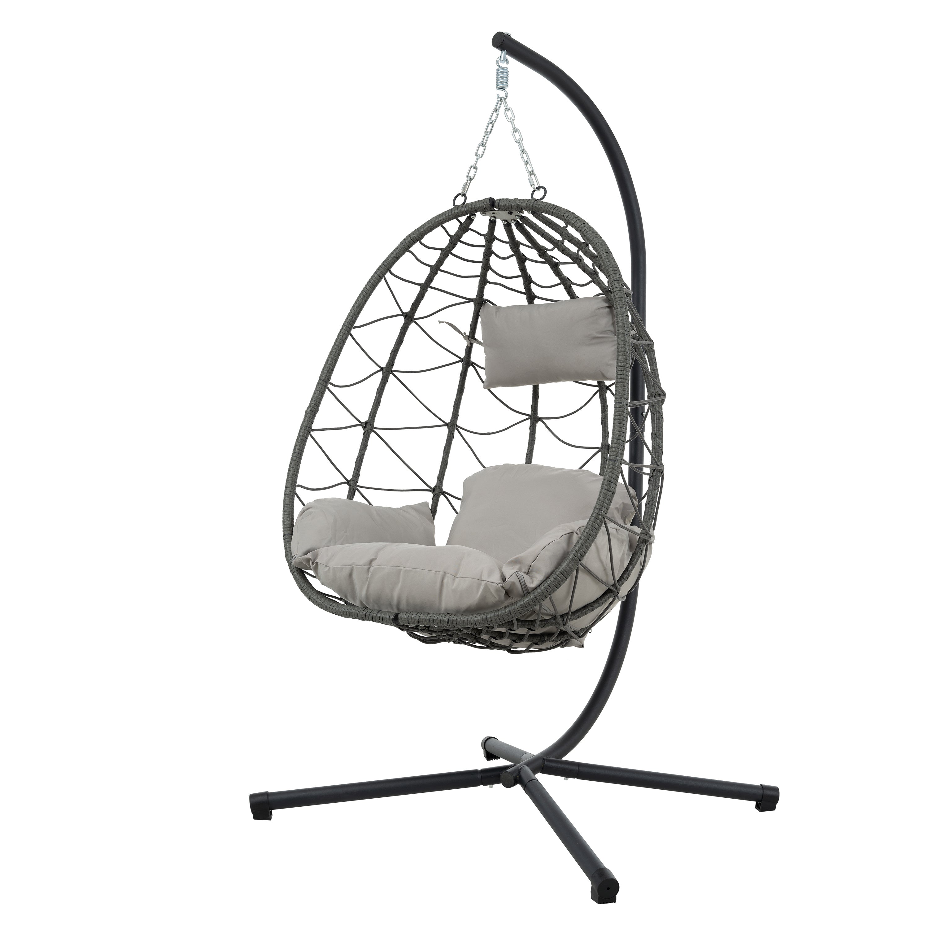 Trendsi outdoor hanging egg chair with gray wicker frame and cushioned seat and steel stand for patio