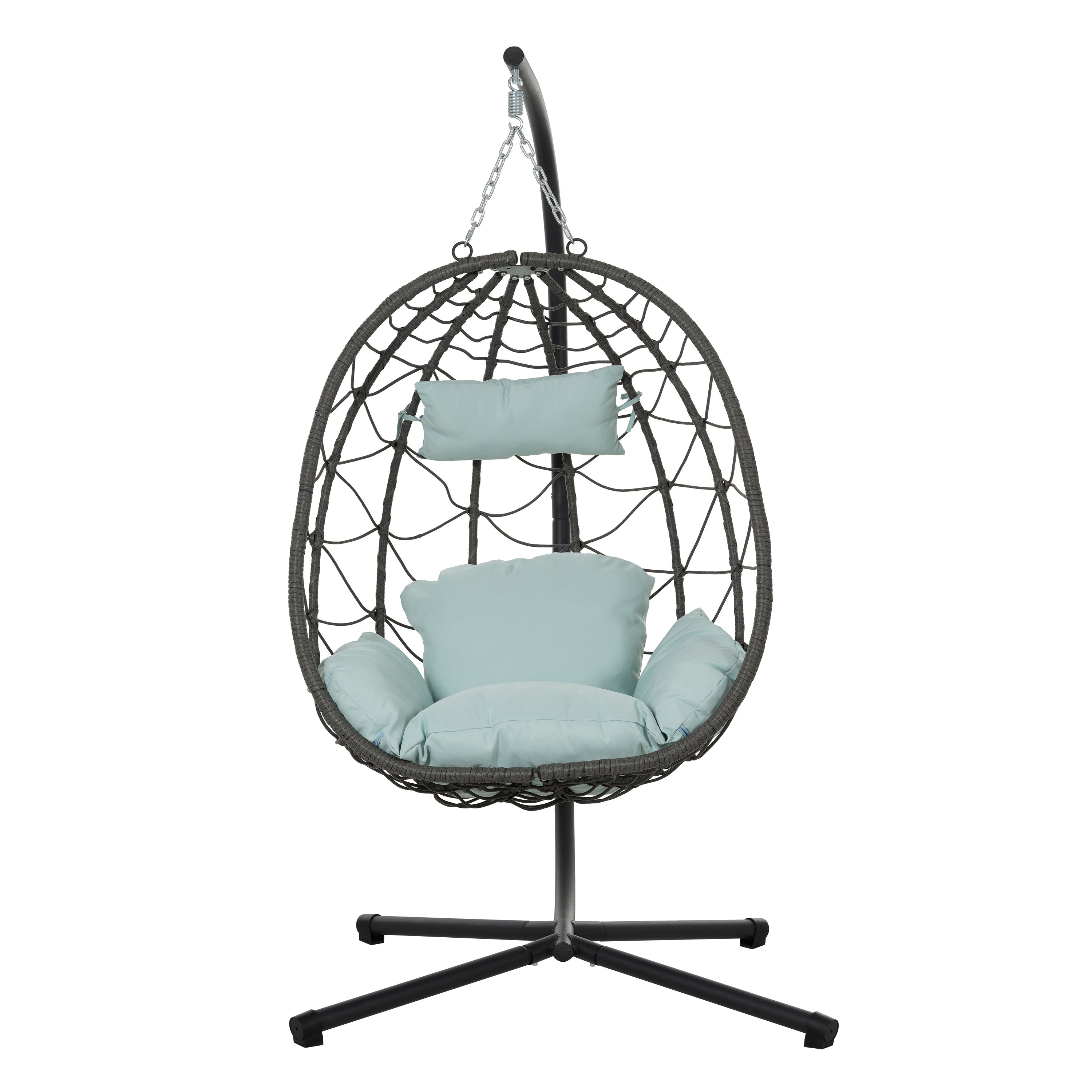 Trendsi outdoor hanging egg chair with woven rattan frame light blue cushions and metal stand for patio