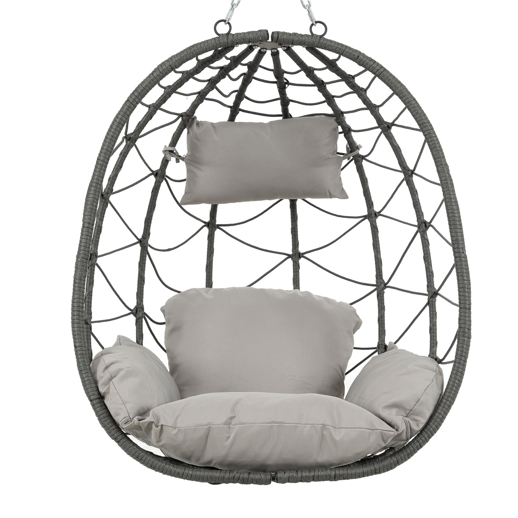 Trendsi gray woven outdoor hanging egg chair with plush gray cushions and metal chain hanger