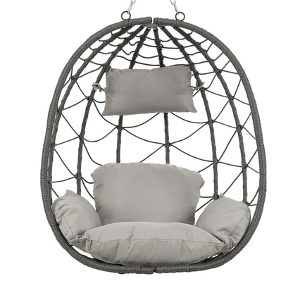 Trendsi gray woven outdoor hanging egg chair with plush gray cushions and metal chain hanger