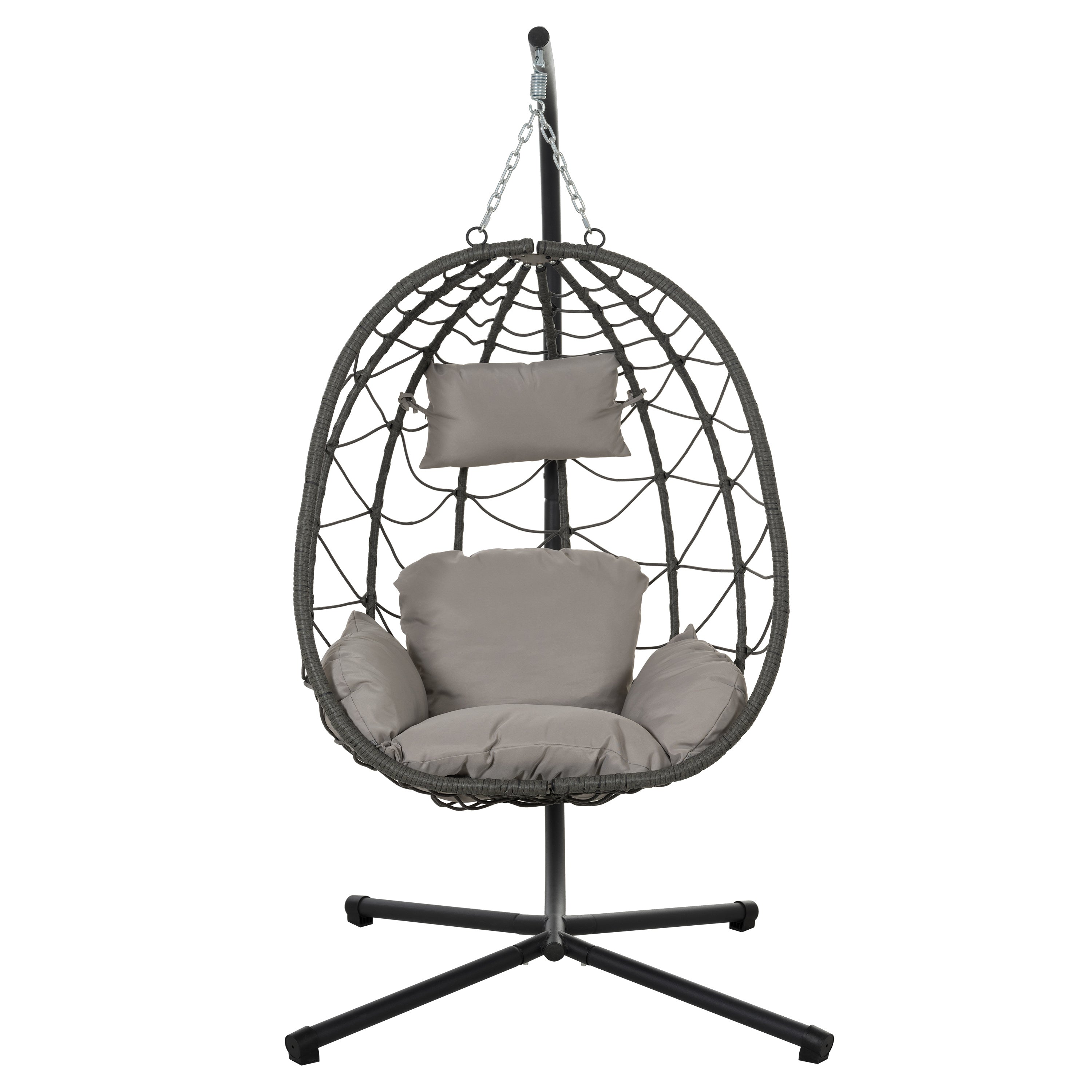 Trendsi outdoor hanging egg chair with gray cushions and black metal stand for patio