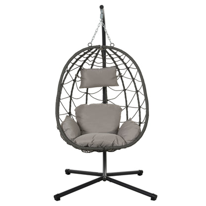 Trendsi outdoor hanging egg chair with gray cushions and black metal stand for patio