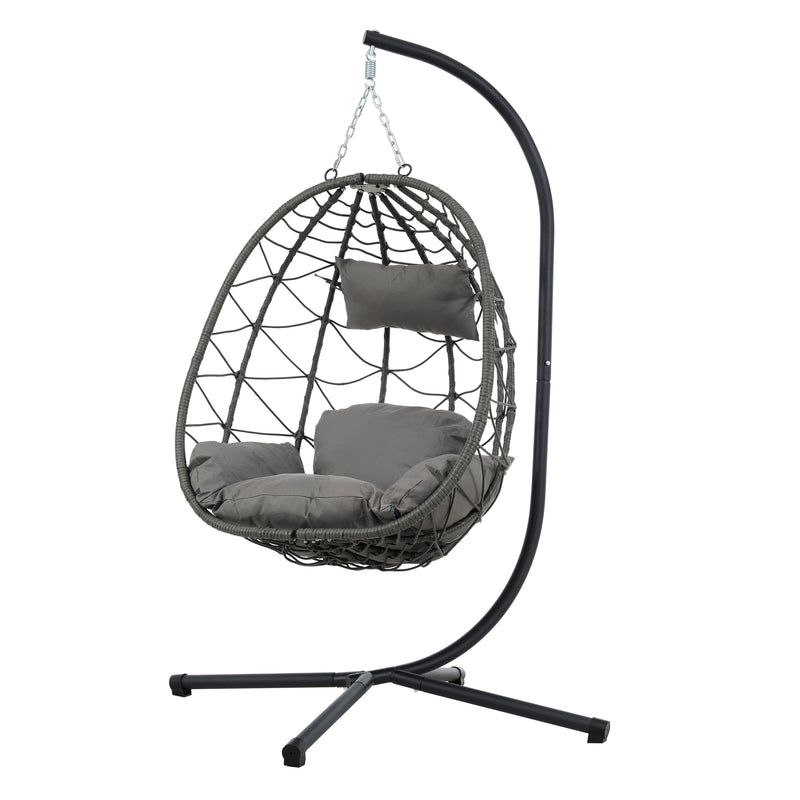 Trendsi outdoor hanging egg chair woven wicker frame gray cushions and powder coated steel stand for patio