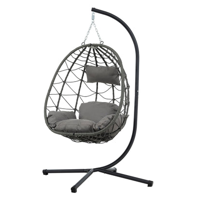 Trendsi outdoor hanging egg chair with metal stand gray woven rattan and plush gray cushions for patio