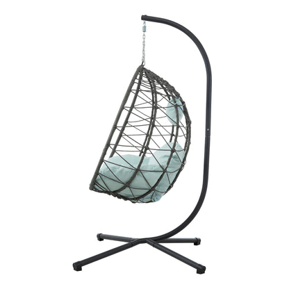 Trendsi outdoor hanging egg chair with brown wicker shell light blue cushions and black stand