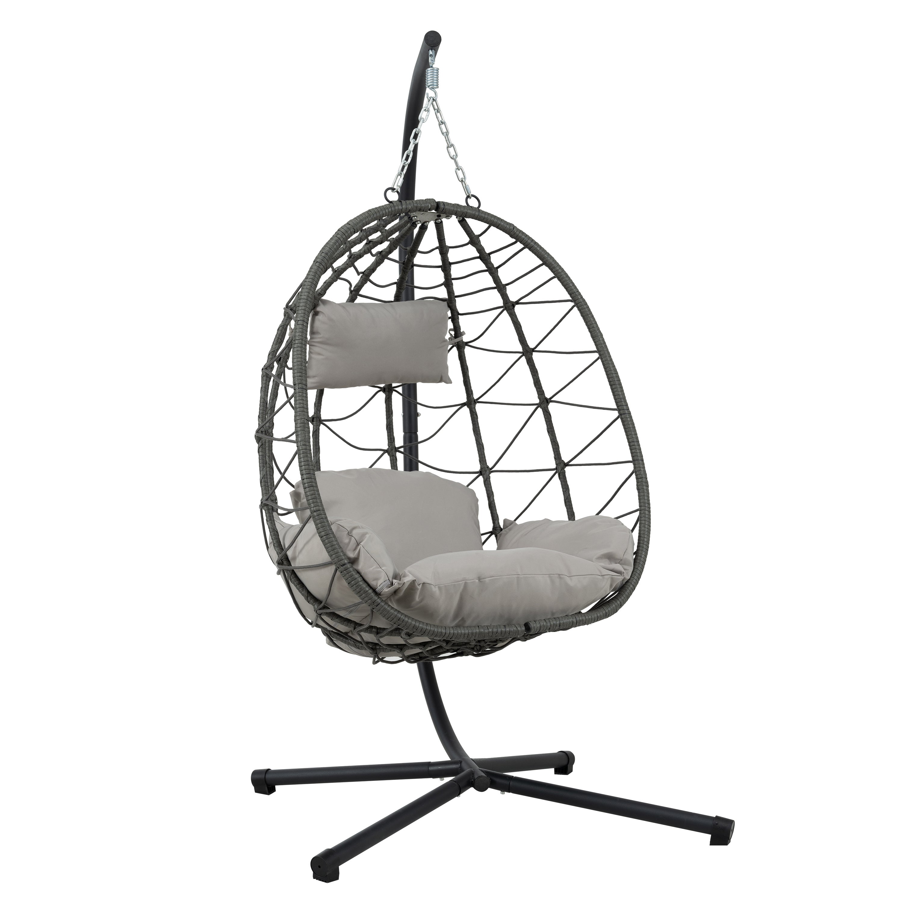 Trendsi outdoor hanging egg chair in gray woven rattan with cushioned seat and metal stand for patio