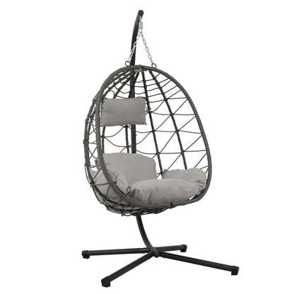 Trendsi outdoor hanging egg chair in gray woven rattan with cushioned seat and metal stand for patio