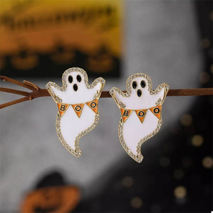 Trendsi Ghost and Pumpkin Dangle Earrings featuring a sparkling ghost design with 'Boo' banner.