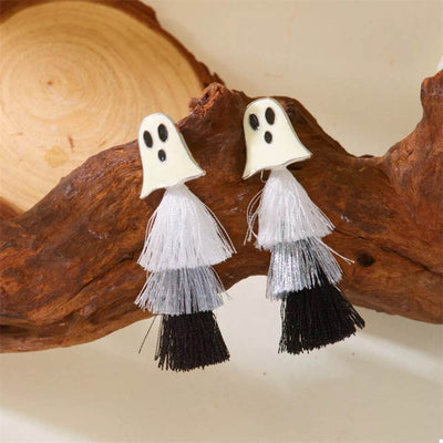 Ghost and Pumpkin Dangle Earrings with white and black tassels for a festive accessory look