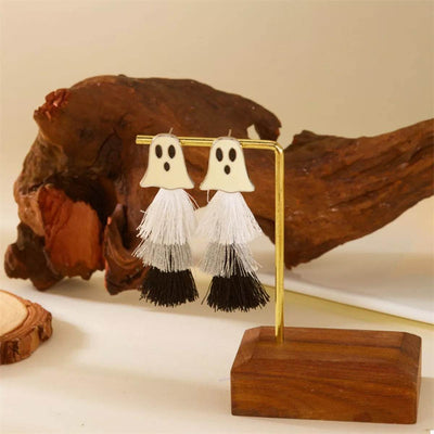 Ghost and Pumpkin Dangle Earrings with White and Black Fringe for a Fun Halloween Look