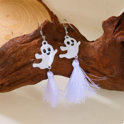 Ghost and Pumpkin Dangle Earrings with White Ghost Charm and Purple Tassels for Halloween Fashion