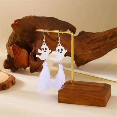 Ghost and Pumpkin Dangle Earrings with White Ghost Charms and Soft Purple Tassels