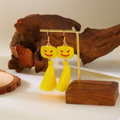 Trendsi Ghost and Pumpkin Dangle Earrings with Yellow Tassels for a festive Halloween look