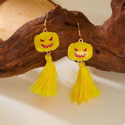 Trendy Ghost and Pumpkin Dangle Earrings with Bright Yellow Fringe for Halloween Celebrations