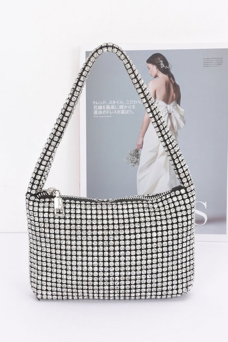 Small Hobo Bag by CCWHOLESALECLOTHING silver rhinestone mesh shoulder bag with zip top and single strap