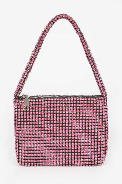 CCWHOLESALECLOTHING Small Hobo Bag pink rhinestone mesh shoulder bag with zipper and single strap