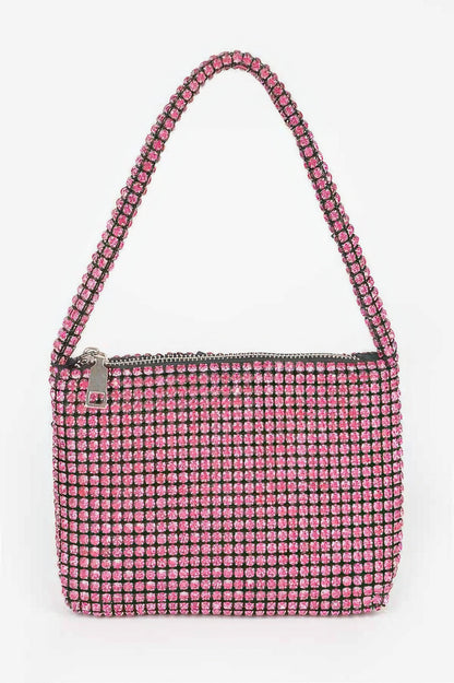 CCWHOLESALECLOTHING Small Hobo Bag pink rhinestone mesh shoulder bag with zipper and single strap