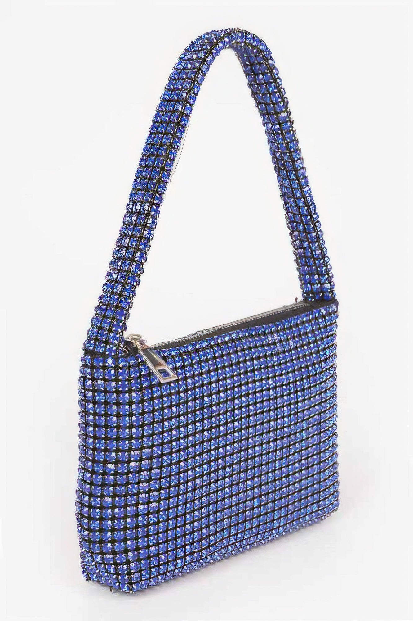 CCWHOLESALECLOTHING blue crystal mesh Small Hobo Bag with zip top and beaded shoulder strap