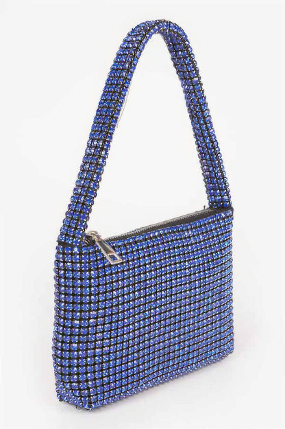 CCWHOLESALECLOTHING blue crystal mesh Small Hobo Bag with zip top and beaded shoulder strap