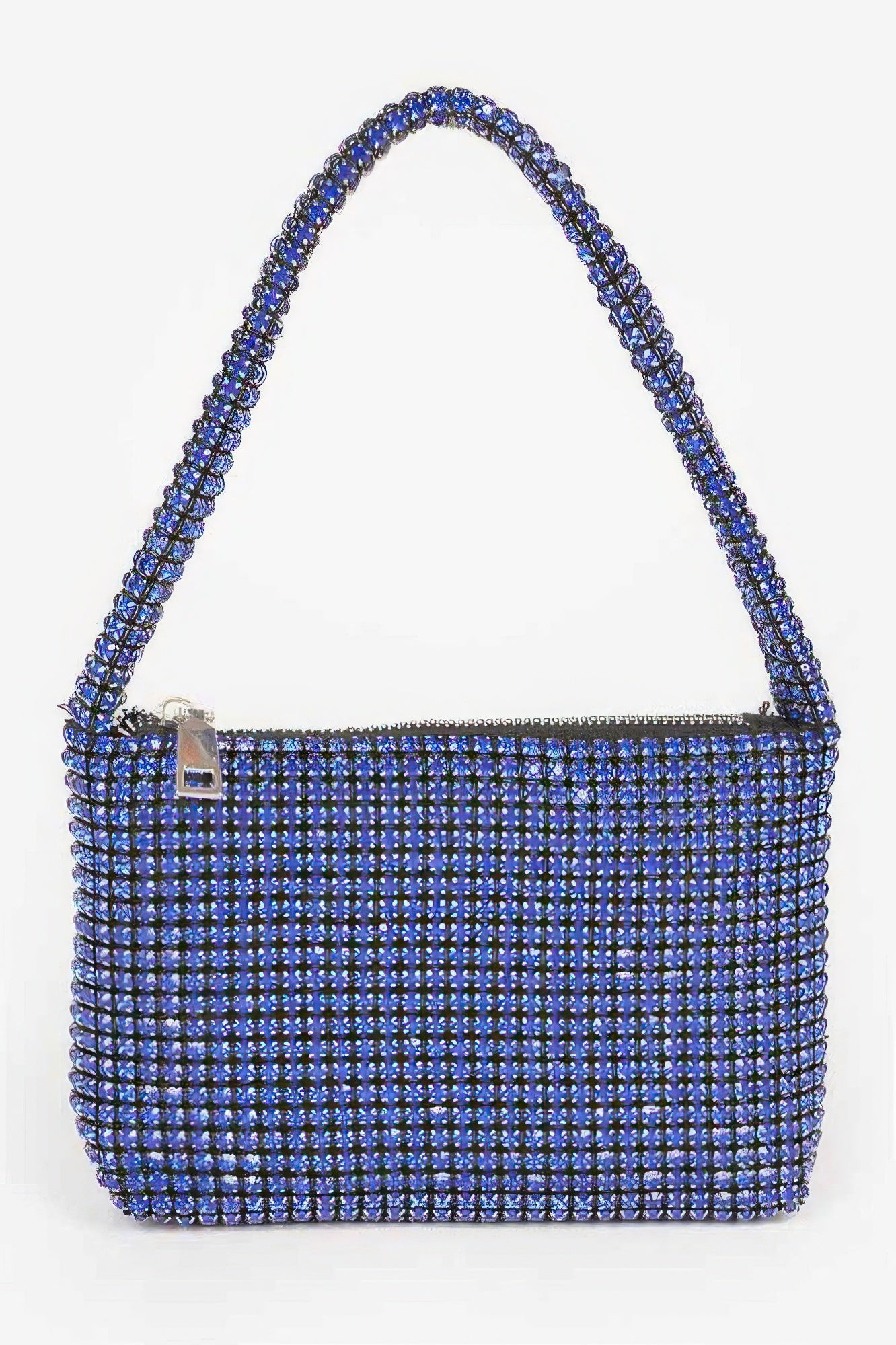 Small Hobo Bag blue rhinestone mesh shoulder bag with zipper top and short strap